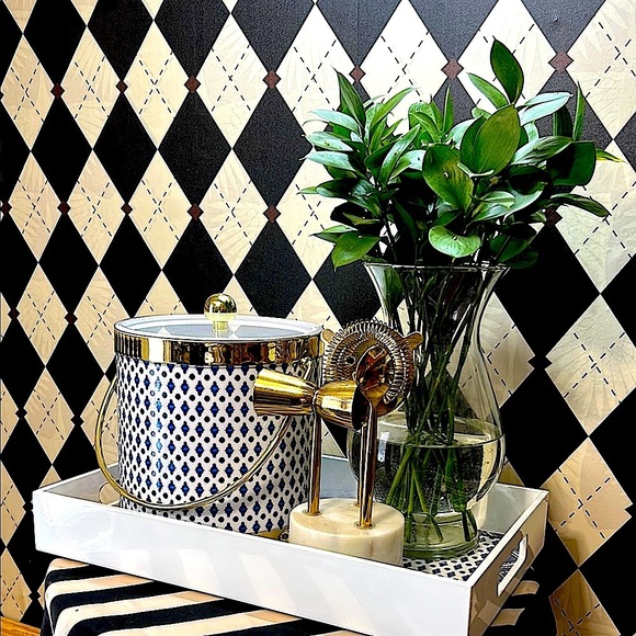 Blue & White Ice Bucket & Tray Set with Gold Trim | Bar Cart Glam - Picture 12 of 14